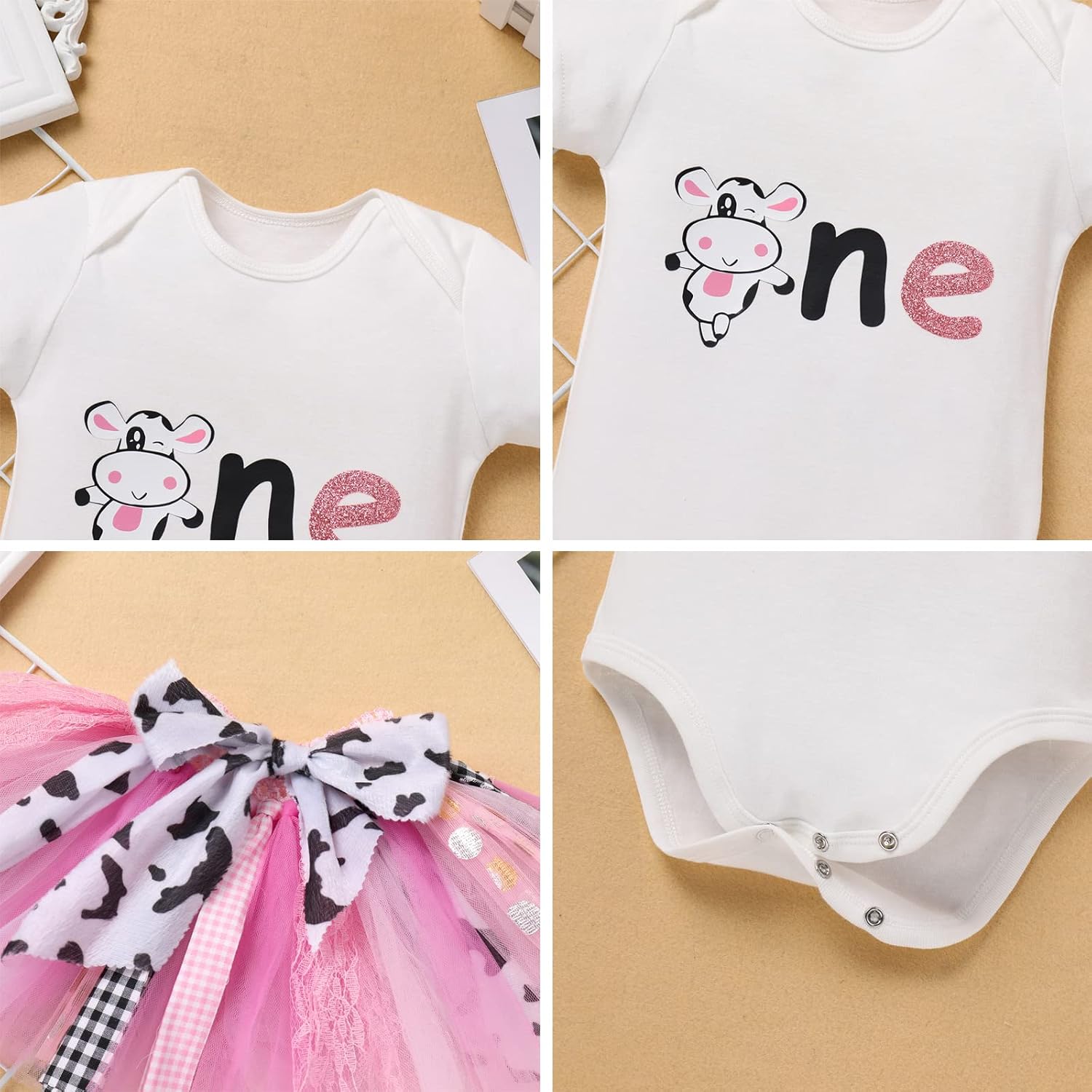 AWIBMK Baby Girl 1st Birthday Outfit Cow Giraffe Romper Tutu Skirt Headband Cake Smash Photo Shoot 3Pcs Clothes Set - Image 6