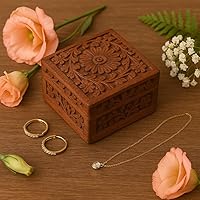 AnNafi Handcrafted Wooden Jewelry Box with Floral Carvings, Red Velvet Interior, 4x4 Inch - Artisan Gift for Rings & Earrings