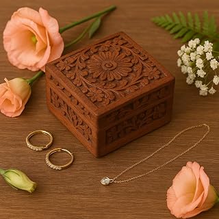 AnNafi Handcrafted Wooden Jewelry Box with Floral Carvings, Red Velvet Interior, 4x4 Inch - Artisan Gift for Rings & Earrings