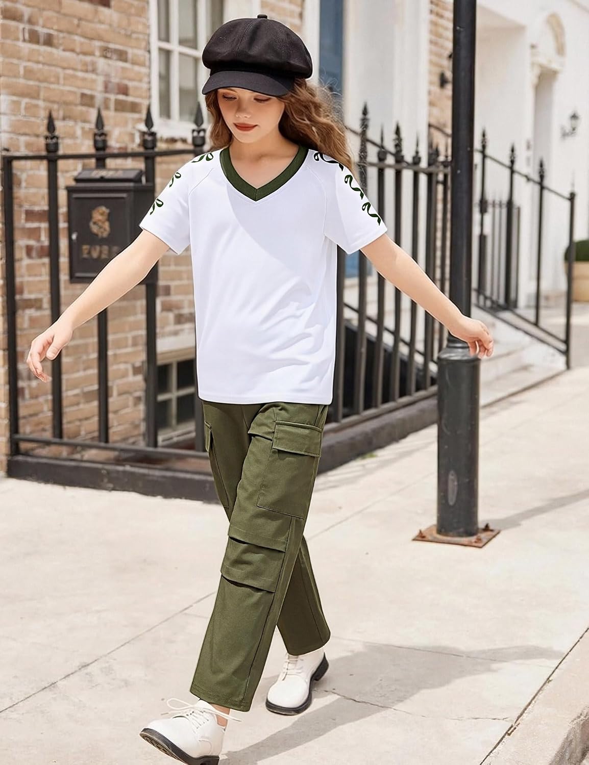 Girls Clothes 2-Piece Bow V-Neck Top & Cargo Pants, Trendy Party/Casual Outfit for Girls 6-14Y