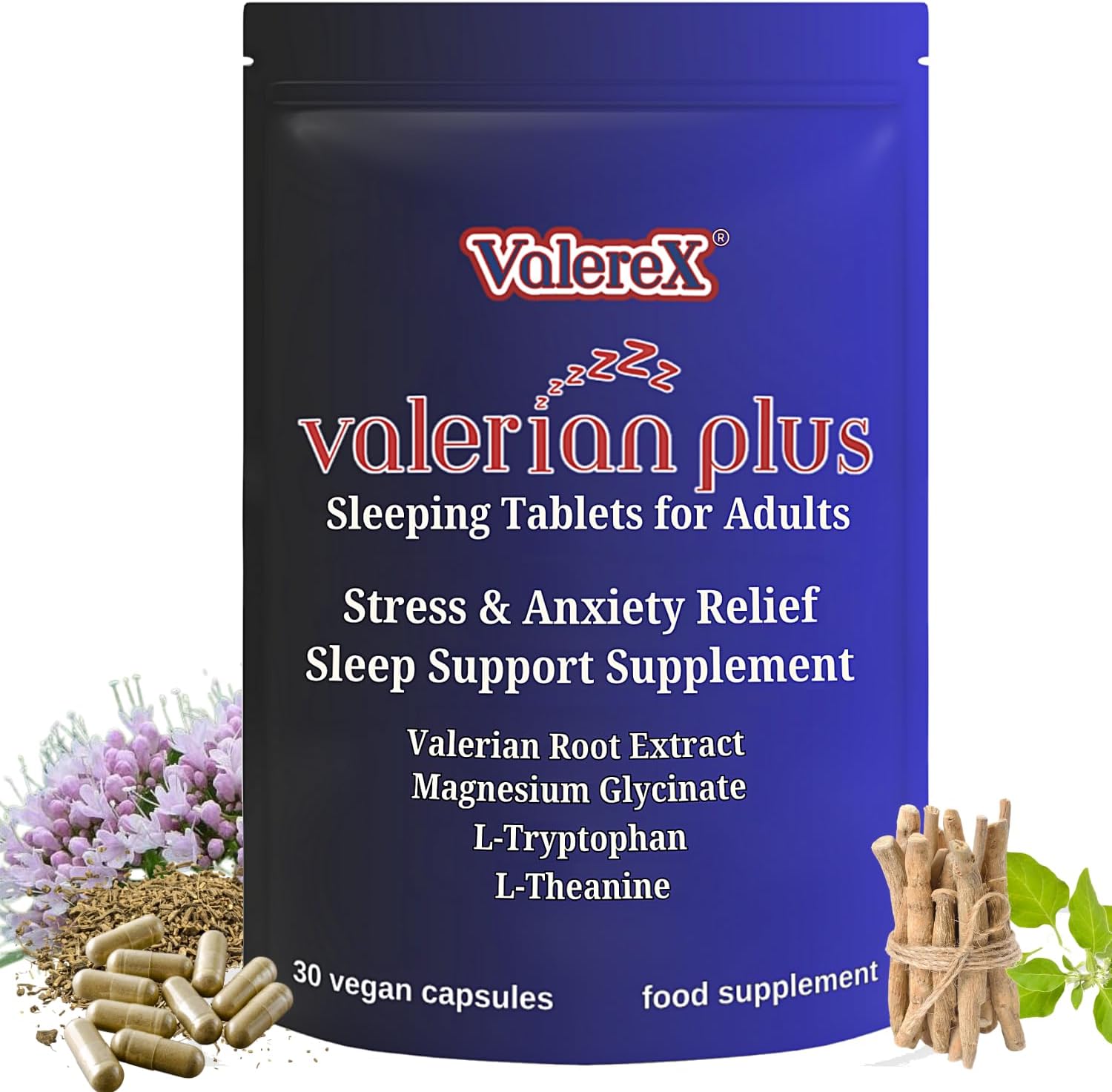 Valerex Herbal Sleeping Tablets for Adults, Valerian Root, Magnesium Glycinate, & Amino Acids. Calming Relaxing Sleep Support. One Capsule a Night, One Month Supply.
