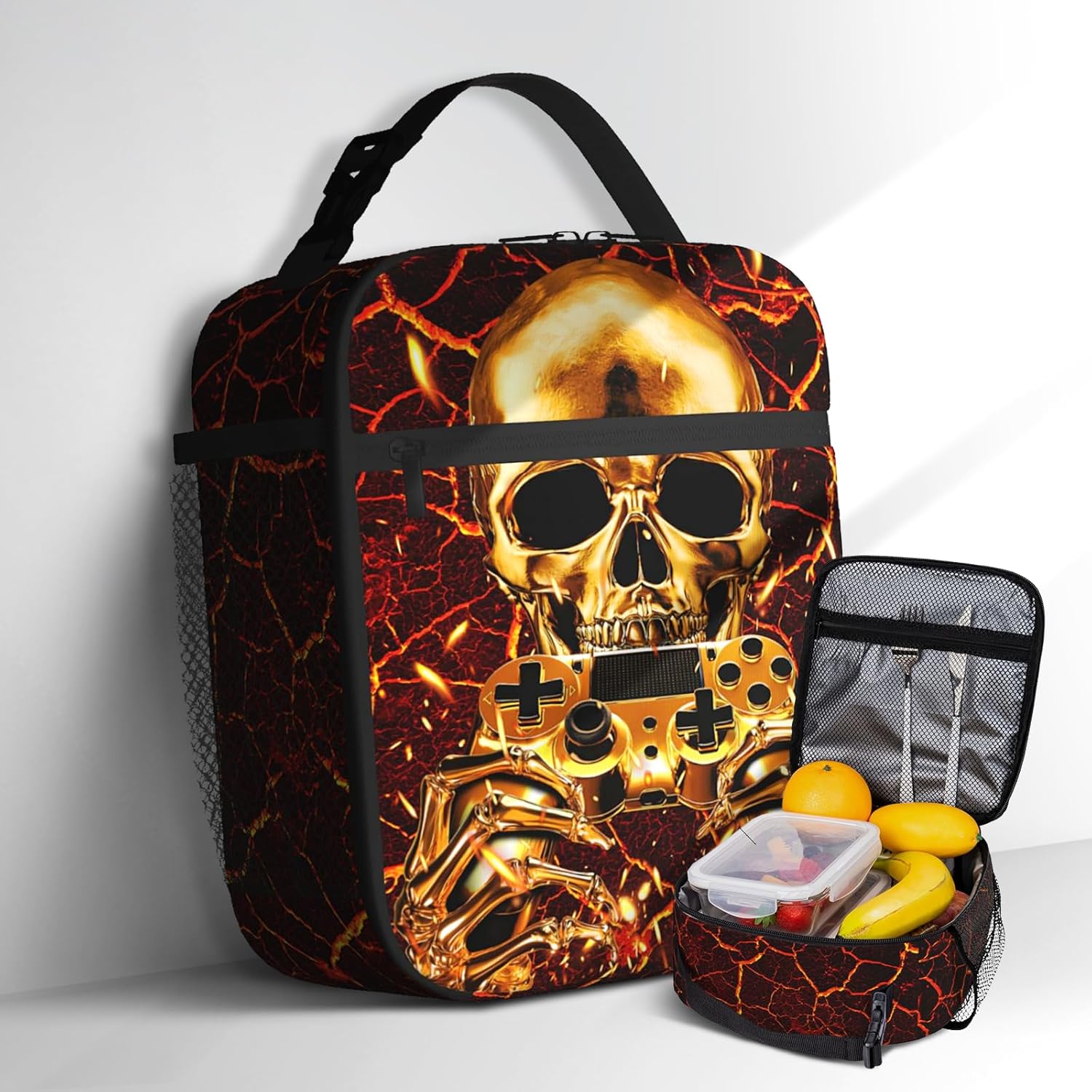 Video Game Lunch Box Skull Fire Cooler Insulated Reusable Portable Box Waterproof Leakproof Lunchbox for Boys Girls Kids Picnic Hiking Beach Travel Office