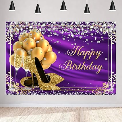 Amazon Aperturee 5x3フィート パープル Happy Birthday背景 ダイヤモンドバルーン シャンパンゴールド ハイヒール メガネ キラキラ 写真背景 女の子の誕生日バナー ケーキテーブル パーティー装飾 フォトブーススタジオ小道具 Aperturee バックペーパー 背景布