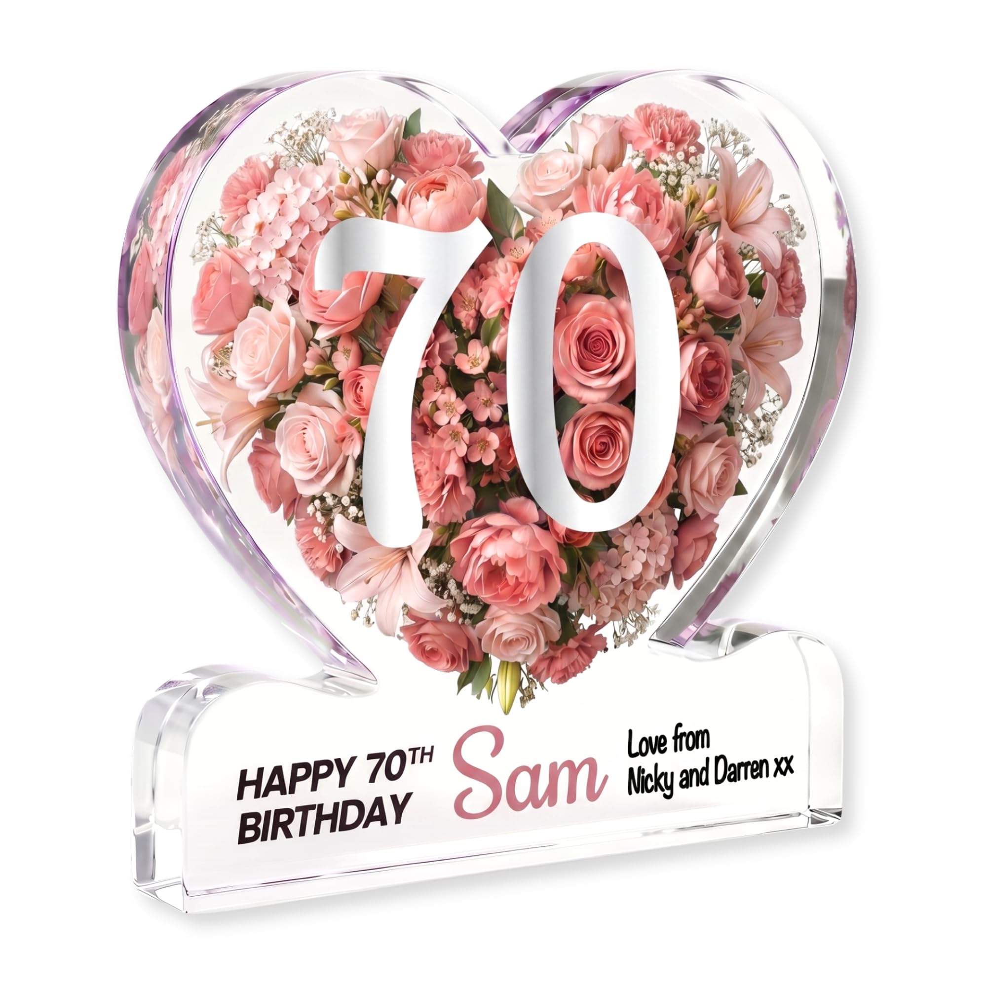 MyKeepsy Personalised 70th Birthday Plaque – Custom Name & Message Heart Acrylic Keepsake, Floral 70 Decoration Gift, 5 Colours (Blush Pink) — image 1