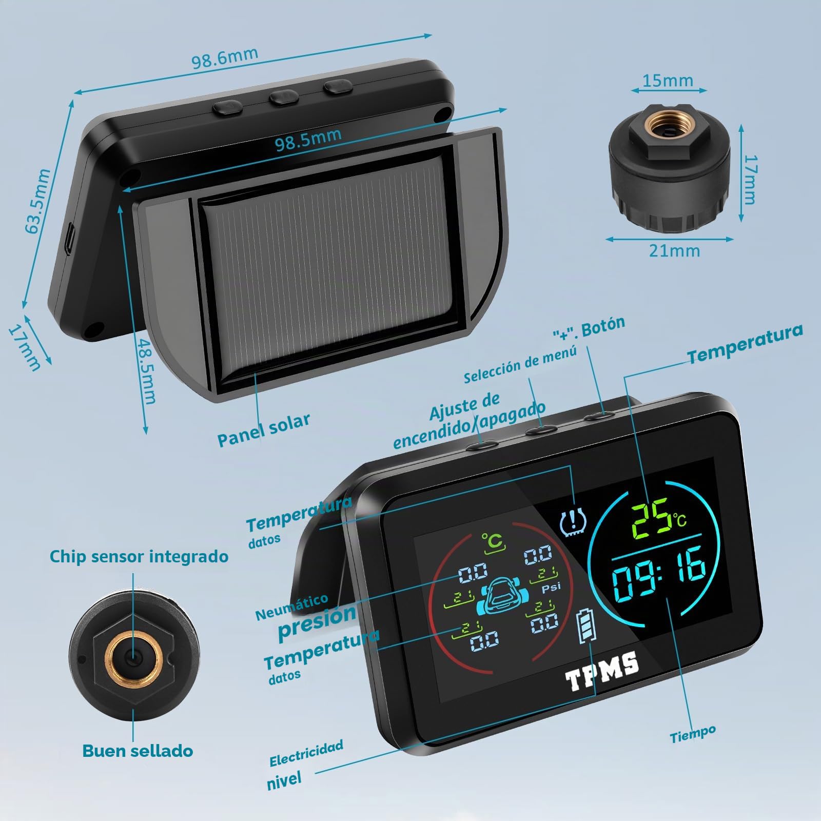 KAOLALI TPMS Sistema de monitoreo de presión de neumáticos, TPMS de visualización de Tiempo y Temperatura, Carga Solar y función de Carga USB, con 4 sensores externos de presión de neumáticos para RV