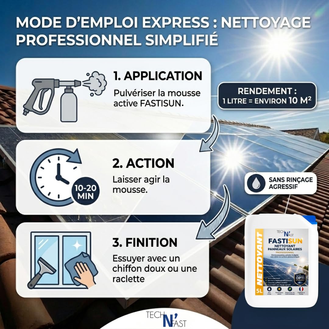 FASTISUN Nettoyant Panneaux Solaires 5L – Nettoyage Photovoltaïque Professionnel sans Traces – Optimise le Rendement – Compatible Surfaces Sensibles – Fabriqué en France