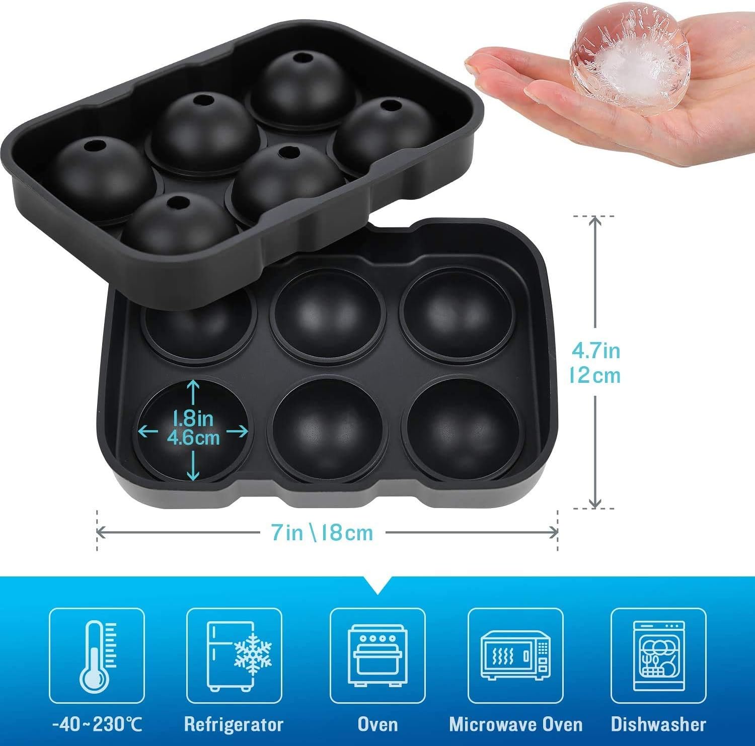 LessMo 2 Pack Round Ice Cube Tray, Silicone Sphere Ice Ball Maker with Lid, Large Size, Easy Release, Flexible, Reusable, Perfect for Whiskey, Cocktails, Wine, Baby Food, Black