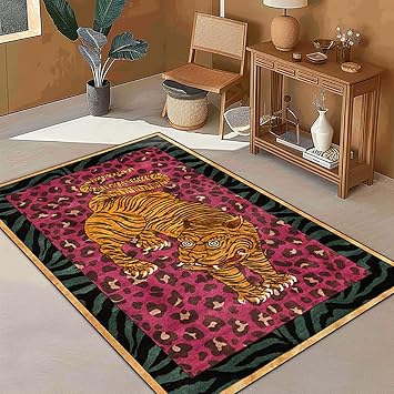 Boho Tiger Rug Pink Leopard Print Rug 2x3 ft Small Animal Print Area Rug for Bathroom Yellow Tiger Carpet for Bedroom Non-Slip Washable Door Mat