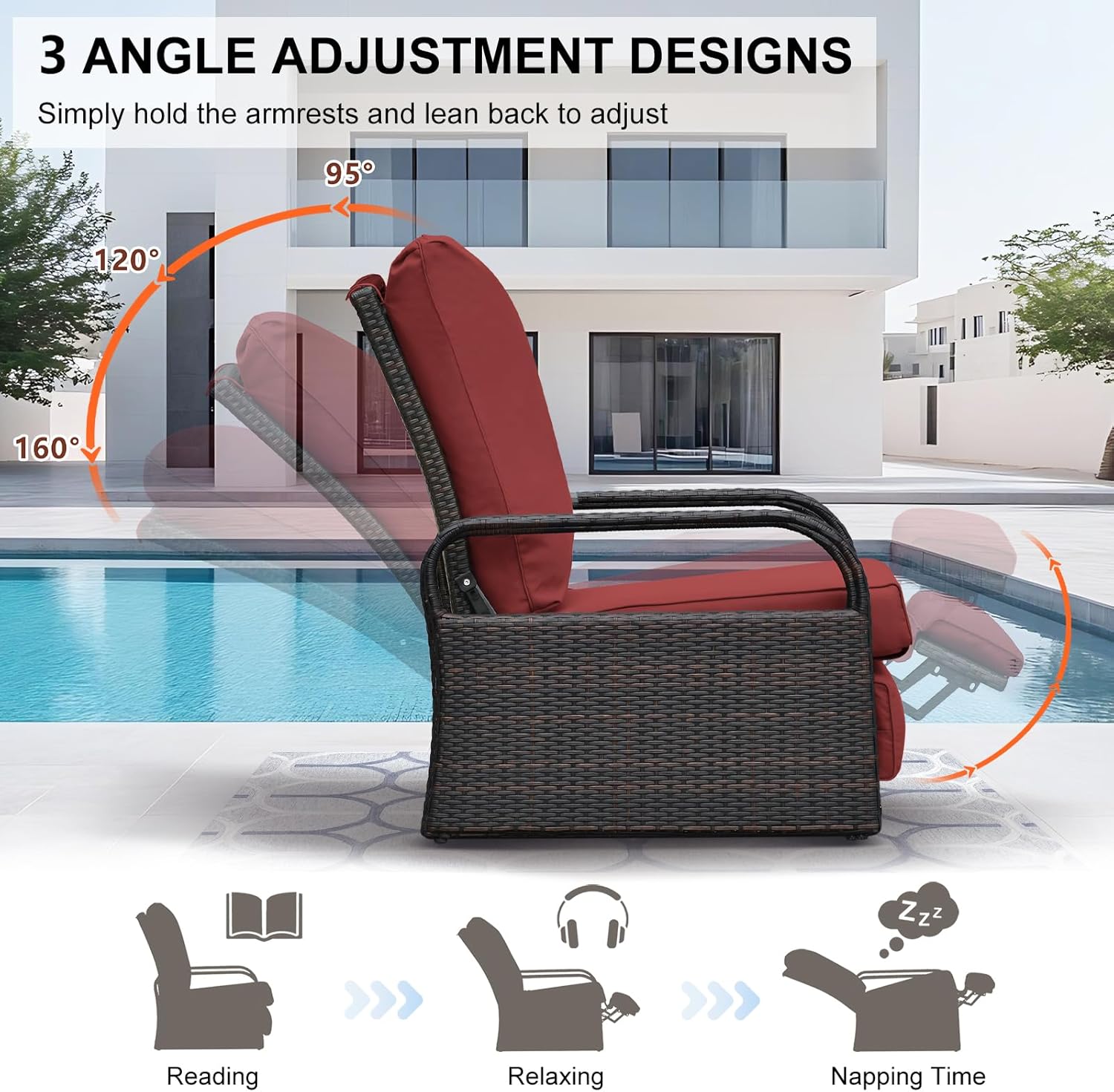 Skypatio All-Weather Wicker Outdoor Recliner Chair, Adjustable Oversized Reclining Chair, Aluminum Patio Rattan Armchair with Red Cushion for Porch, Balcony, Yard, Indoor