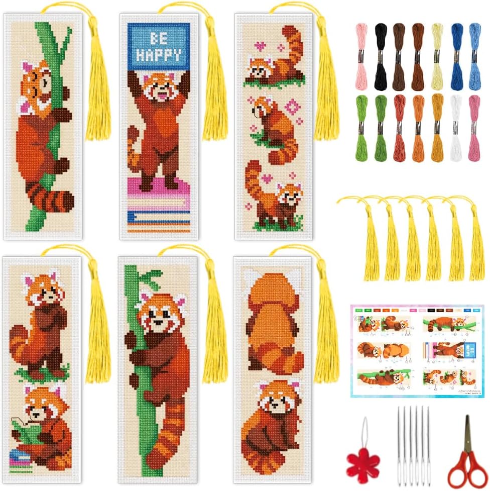 INFUNLY Red Panda Cross Stitch Bookmark Set Reading Pandas Stamped Embroidery Bookmark Kit Sleeping Red Panda Needlepoint Bookmarks Kit DIY Embroidery Bookmarks for Book Lovers Craft Gift