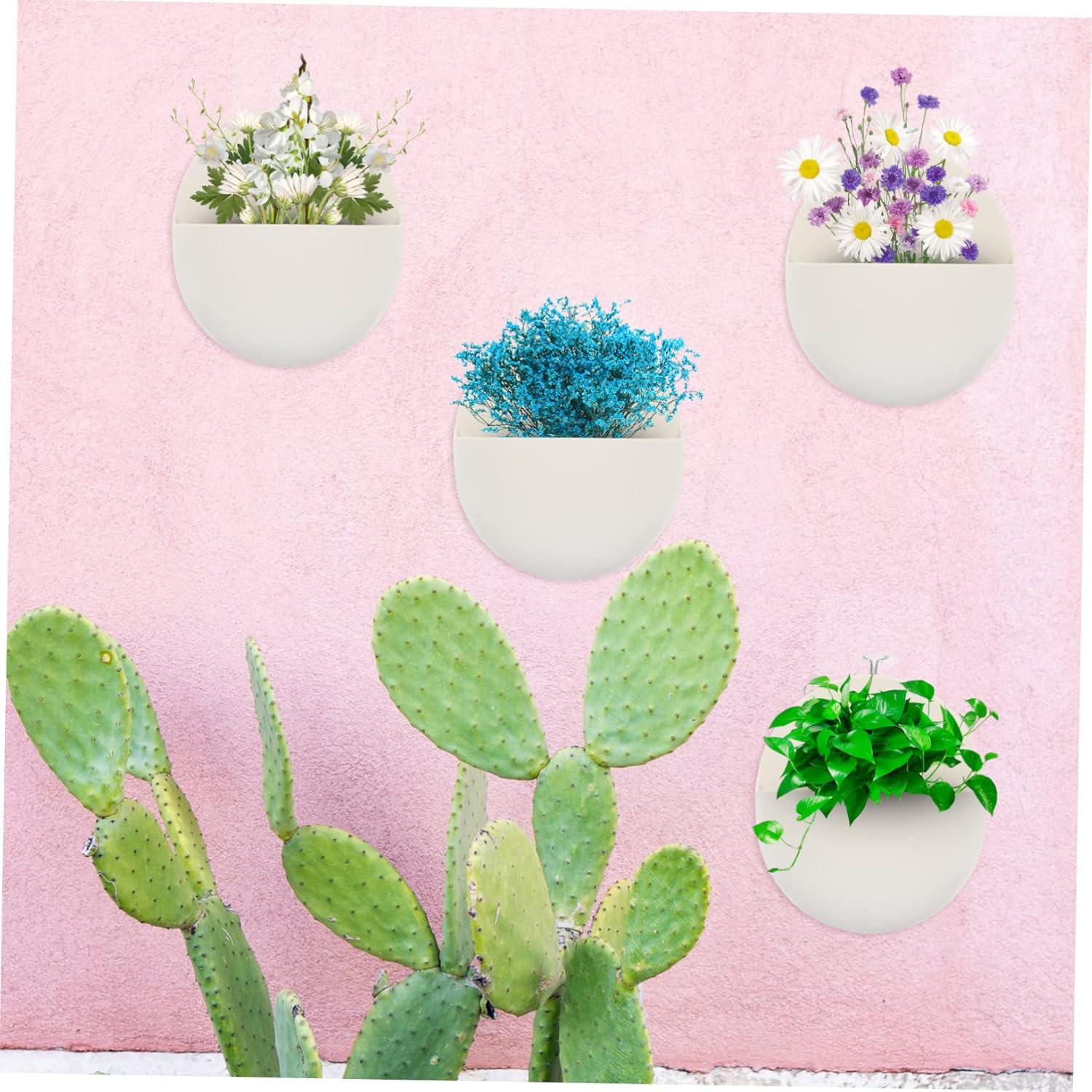 ORFOFE Wall Mount Flower Pot 4Pcs Semi-Circle Plastic Hanging Planters for Indoor Balcony Garden Vertical Space Saving Decorative Plant Holder