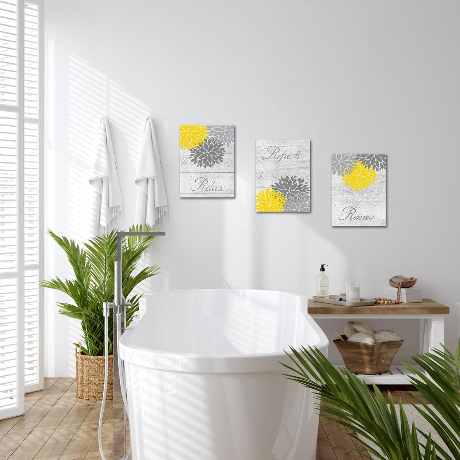 Zlove Yellow and Grey Bathroom Decor, Dahlia Flower Pictures Wall Art - Relax Refresh Renew Bathroom Pictures Wall Decor, 12"X16", 3Pcs