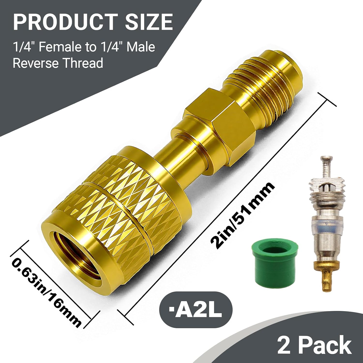 2 Pack A2L R32 R454b Refrigerant Adapter,1/4" LH SAE Female Thread to 1/4" SAE Male Thread,for R-454b/R-32 Brass HVAC Quick Connect Fittings (2 Pack Straight Adapter)