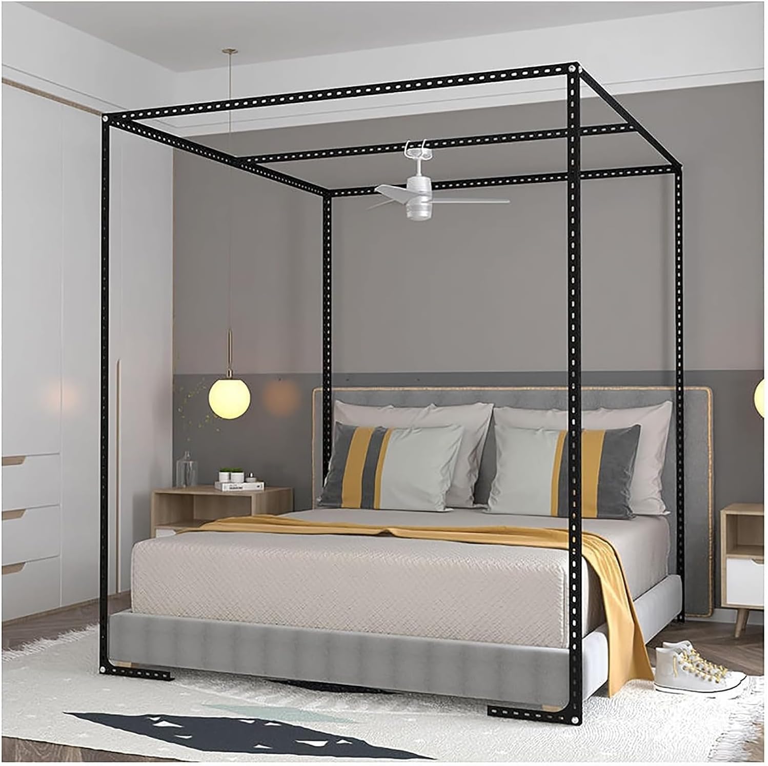 Mosquito Net Bed Frame Curtain Brackets 4 Corners Canopy Bed Frame Post Poles Stainless Steel Canopy Bed Frame Thickened (Color : Black, Size : California King)