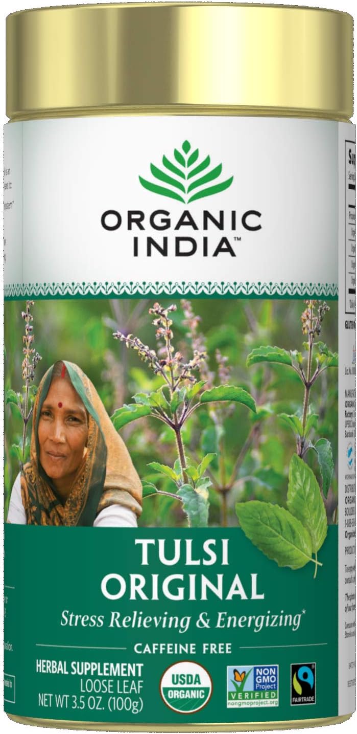 Tulsi Original Herbal Tea - Loose Leaf Holy Basil and African Basil Calming and Stress Relief Tea, Immune Support, USDA Certified Organic, Non-GMO, Caffeine-Free - 3.5 oz Canister