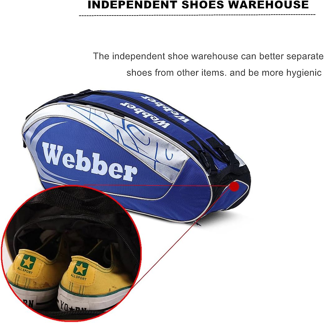 Badminton Racket Shoulder Bag Backpack Multifunction 6 Racquets Tennis Bag for Men and Women, 12 Racquets Bag with Shoe Compartment