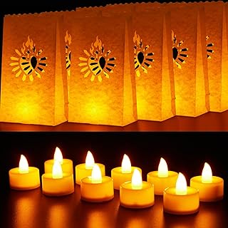 Crtiin 50 Set Halloween White Luminary Bags with Flameless Candles Fire Retardant Material Paper Lantern Candle Bags LED Tea Lights for Christmas Wedding Thanksgiving Party Decoration(Sacred Heart)