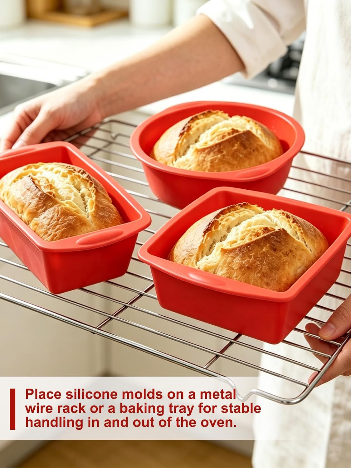 Cozary Silicone Baking Mould Set, 3-Piece - Food-Grade Baking Mould Set for Cakes & Bread, Round + Loaf Tin + Square (3 Sizes), Dishwasher Safe & Non-Stick, Red