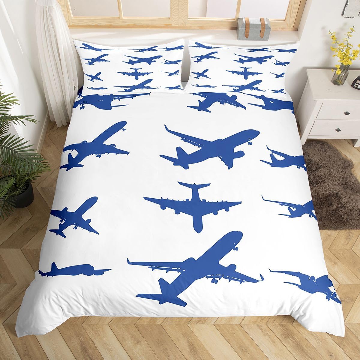 Feelyou Kids Airplane Bedding Set Queen Size Flight Duvet Cover for Boys Girls Teens Bedroom Decor Travel Comforter Cover Set Women Men Aircraft Blue and White Bedspread Cover with 2 Pillow Case