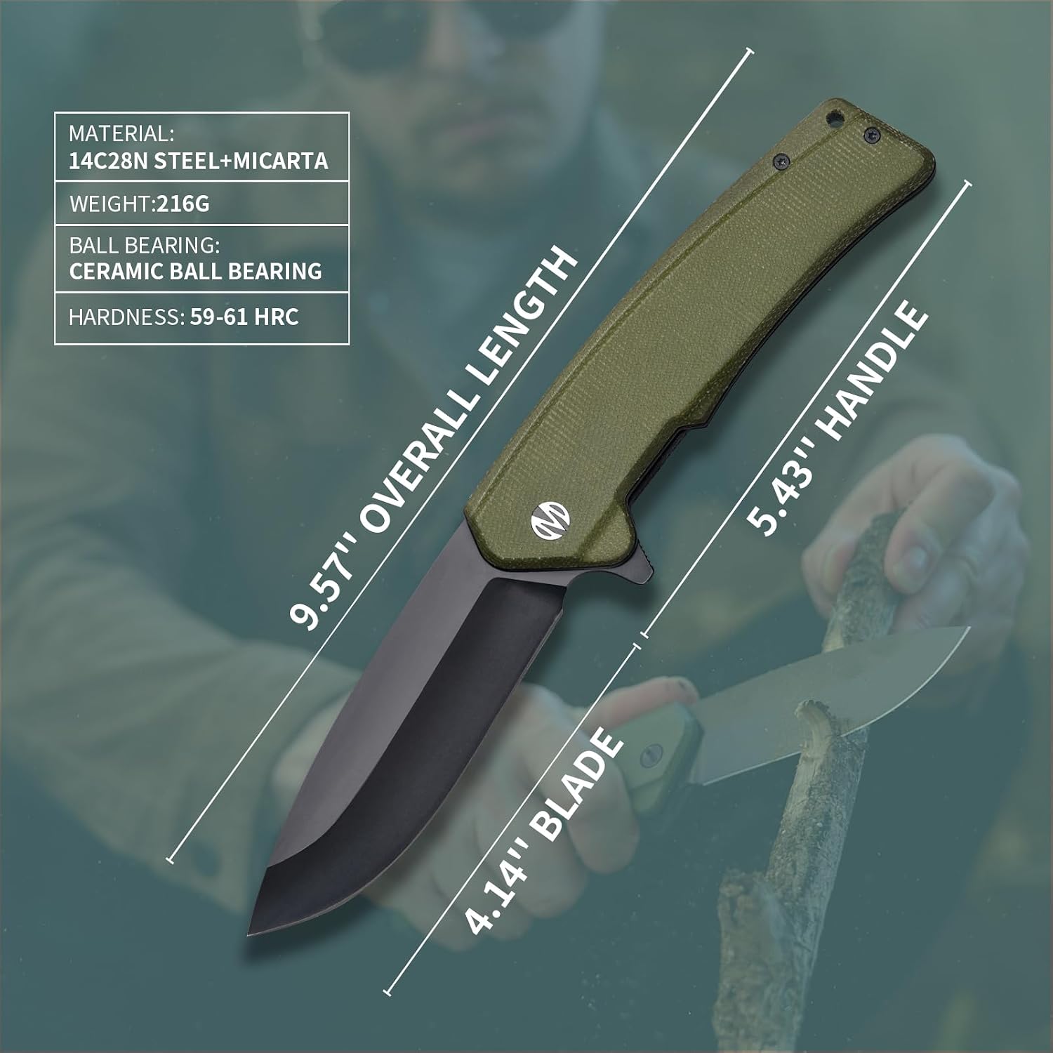 Boulder Pocket Folding Knife, Liner Lock EDC Knives 4.14" 14C28N Blade Green Micarta Handle,Everyday Carry Knife with Clip for Men Women Gift Outdoor
