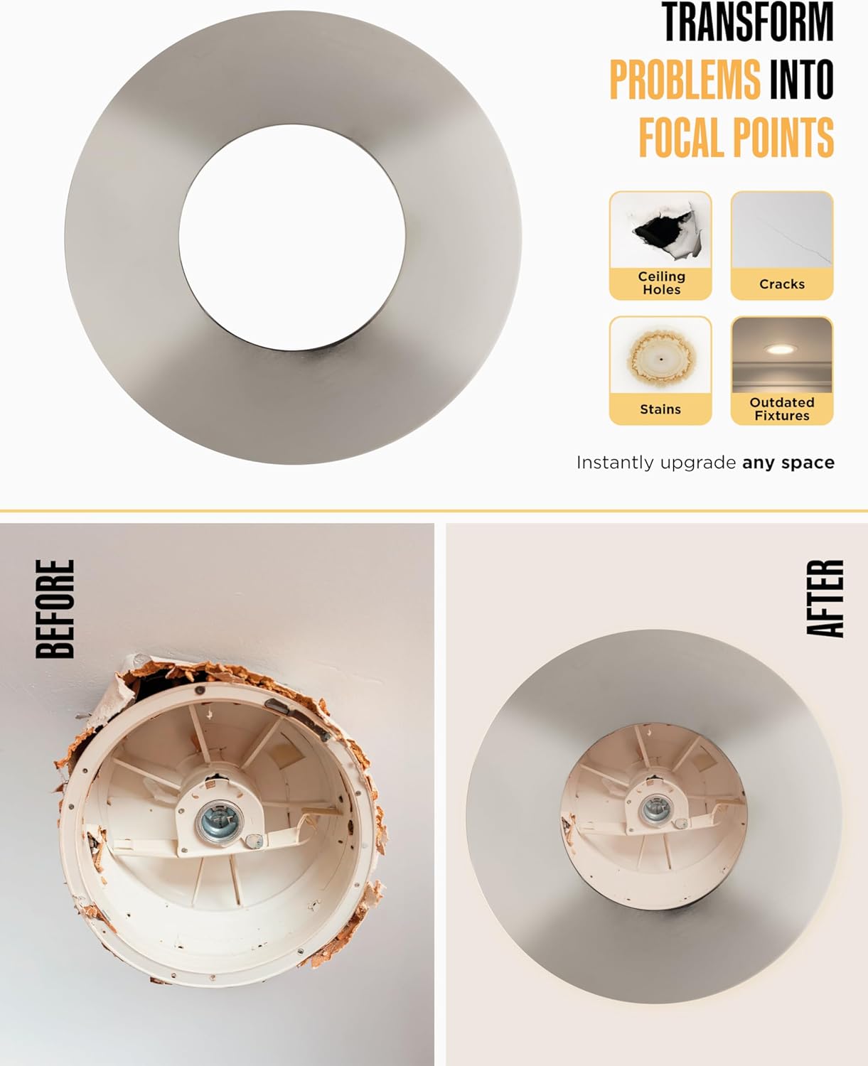 The Can Converter Ceiling Medallion for Recessed Can Light – Home Improvement Decorative Steel Flat Goof Ring & Cover Plate for 5" & 6" Cans, Small Ceiling Medallion for Chandeliers, Polished Chrome