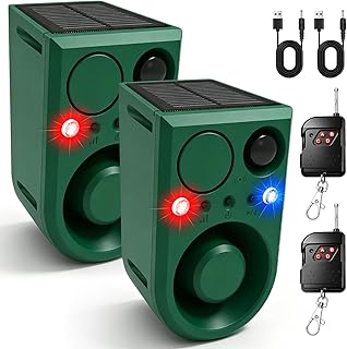 ChunHee Solar Outdoor Motion Sensor Alarm with 3Volume Control & Voice Recording, 129dB Loud Dog Barking Alarm with Red & Blue Strobe Light Noise Maker 4Work Modes for Chicken coop, Garden, Farm, Home