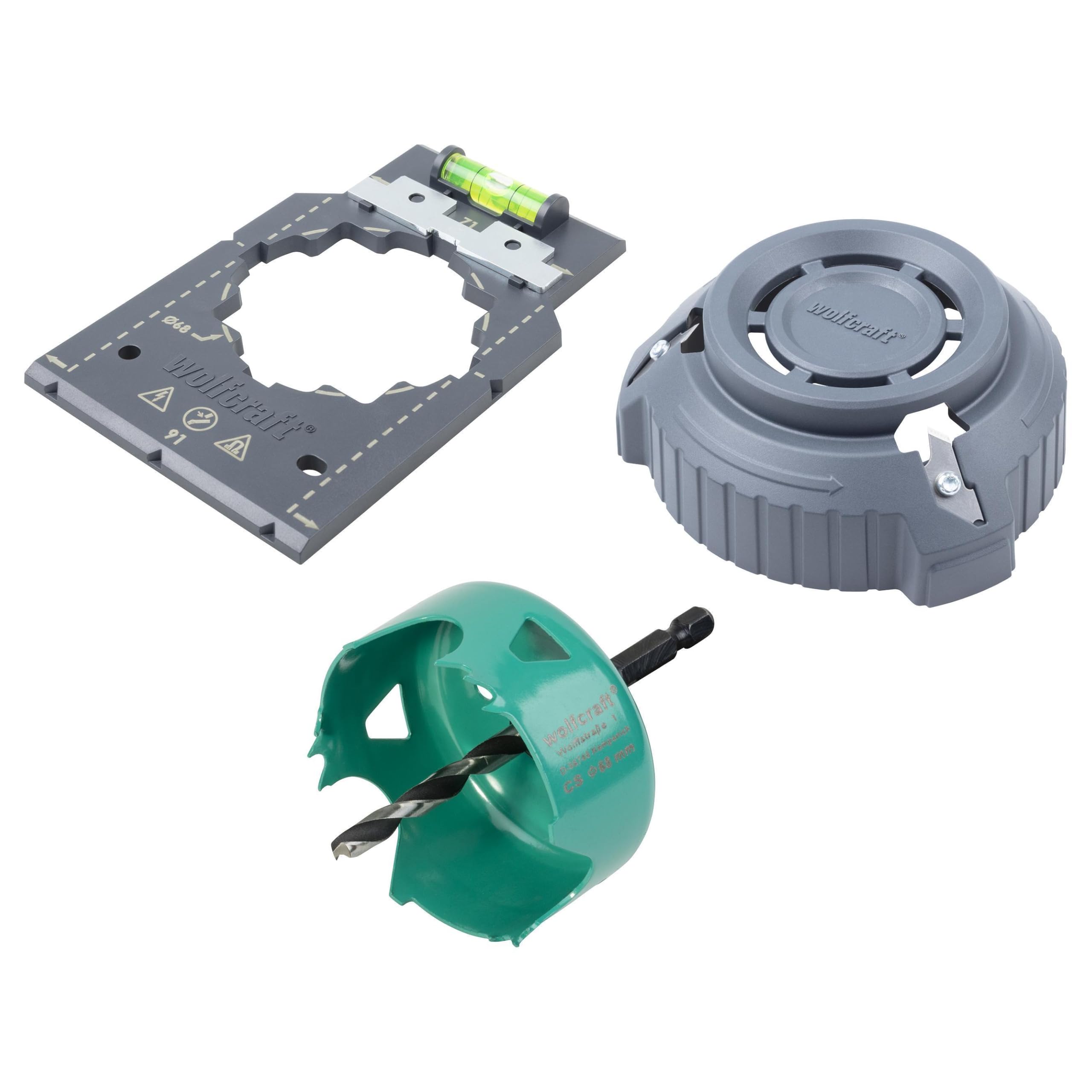 wolfcraft Hollow Wall Box Installation Kit - 3-Piece Drywall Set with Hole Saw Ø 68 mm, Marking Template & Deburring Tool for Socket Installation - 5897000