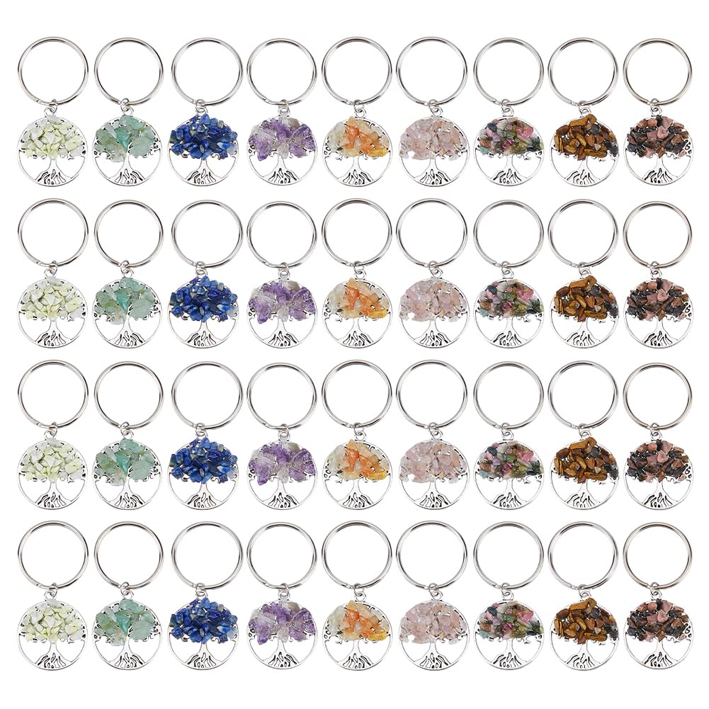 SUPERFINDINGS 36/72 llaveros de árbol de la vida de 9 colores, piedras de cristal natural, hecho a mano, llavero con colgante de suerte
