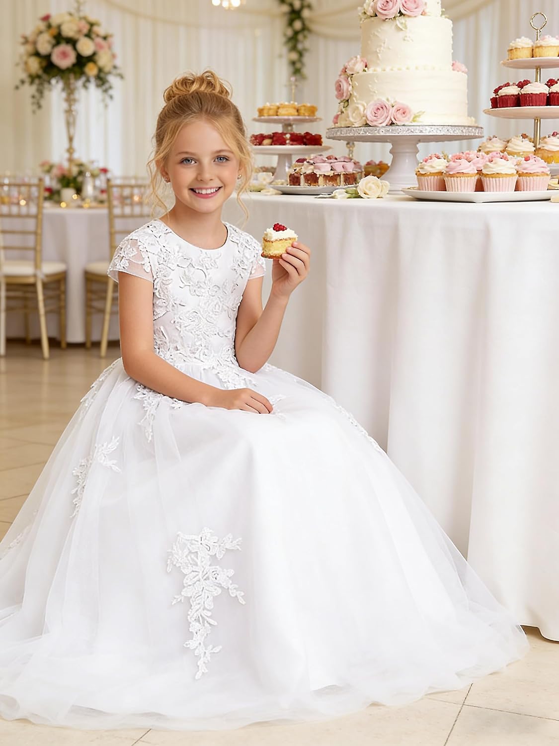 Lace Applique Junior Bridesmaid Dress Tulle Flower Girl Dresses Cap Sleeves First Communion Baptism Formal Gown 004