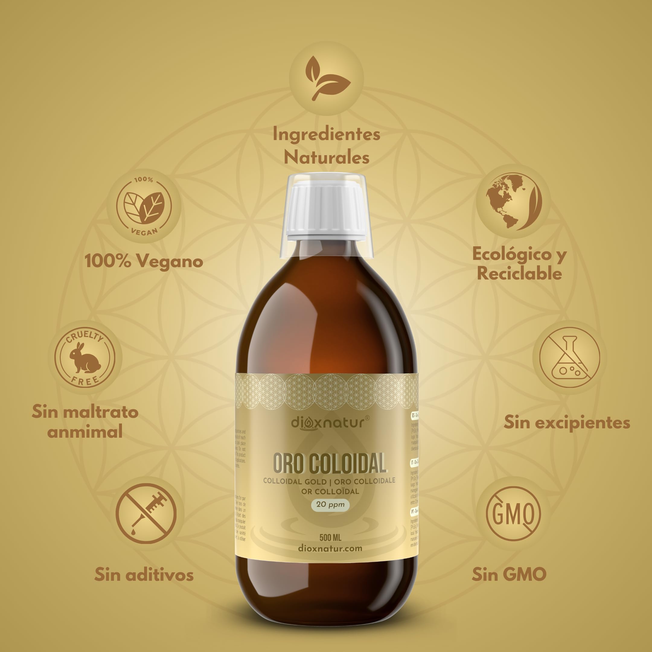 Oro Coloidal 500 ml - 20 ppm - 24K Puro 99,99% - Solución Líquida con Agua Bidestilada - Botella Vidrio Ámbar