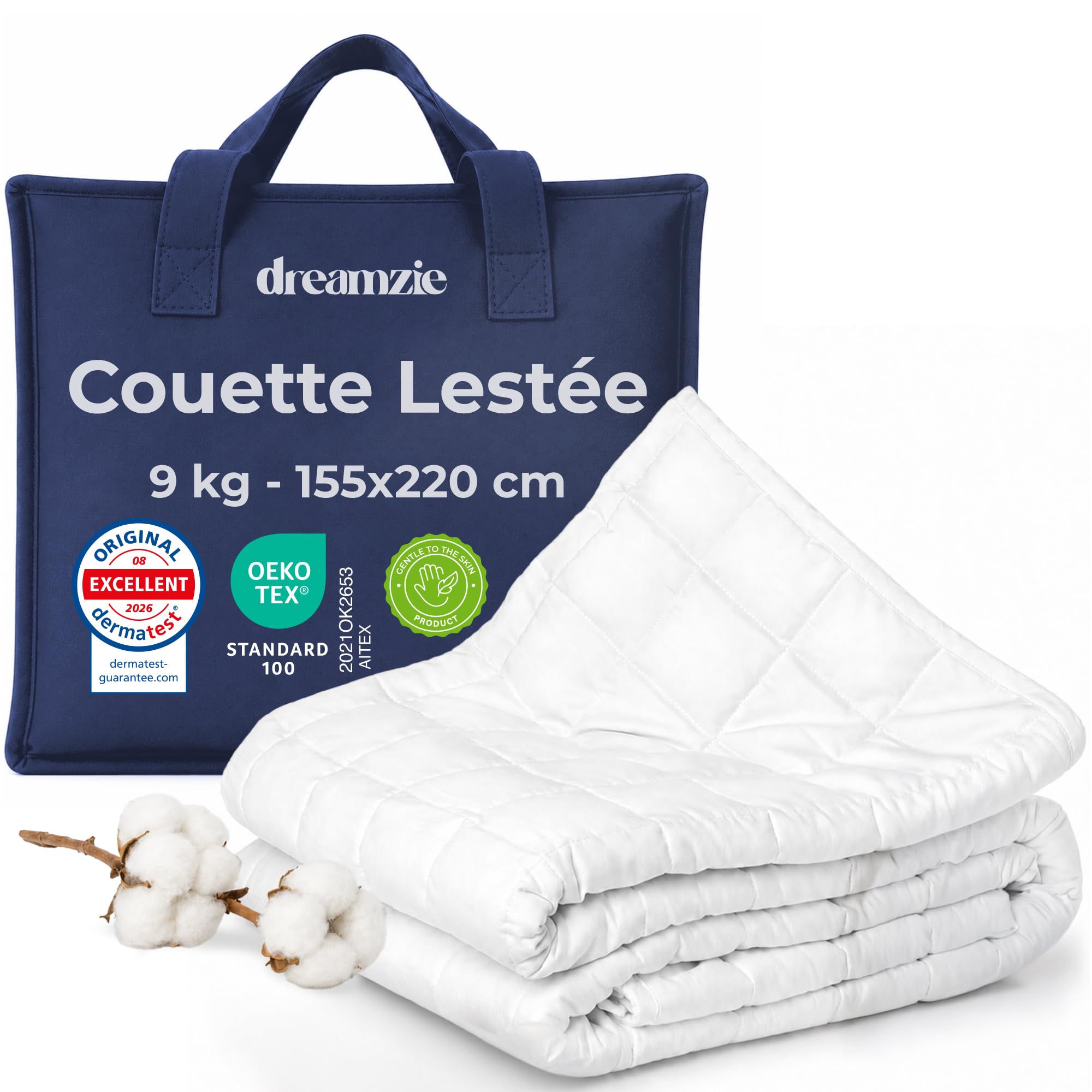 Dreamzie Couverture Lestée Adulte 155x220 cm - Couette Lestée 9kg, Housse Externe 100% Coton - Couverture Lourde pour Dormir, Certifié Oeko-Tex