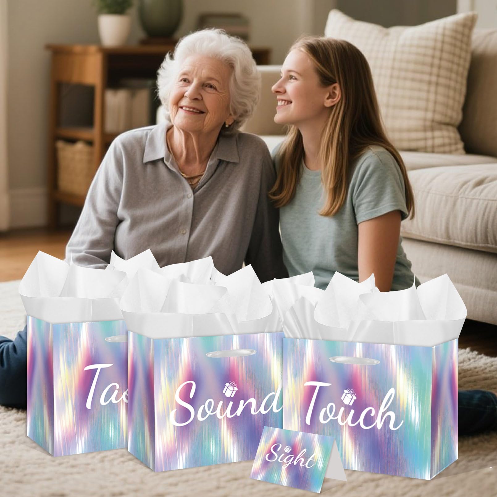 Large 5 Senses Gift Bags For Him Her - Sight Smell Touch Taste Sound Gift Bags with Cards & Tissue Paper for Wedding Favors, Birthday Party Gifts, Birthday, Anniversary, Mother'S Day, Valentine'S Day