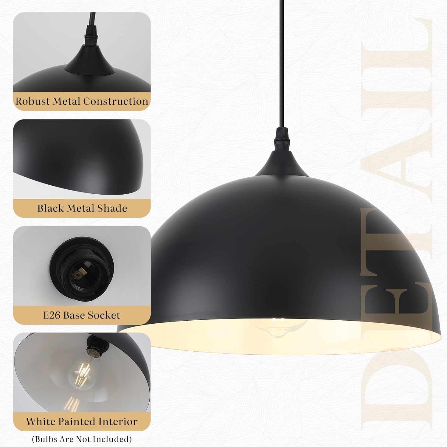 Black Pendant Light, 11.8 inch Black and White Dome Pendant Lights, Industrial Pendant Light for Kitchen Island, Living Room, Dining Room (1 Pack)