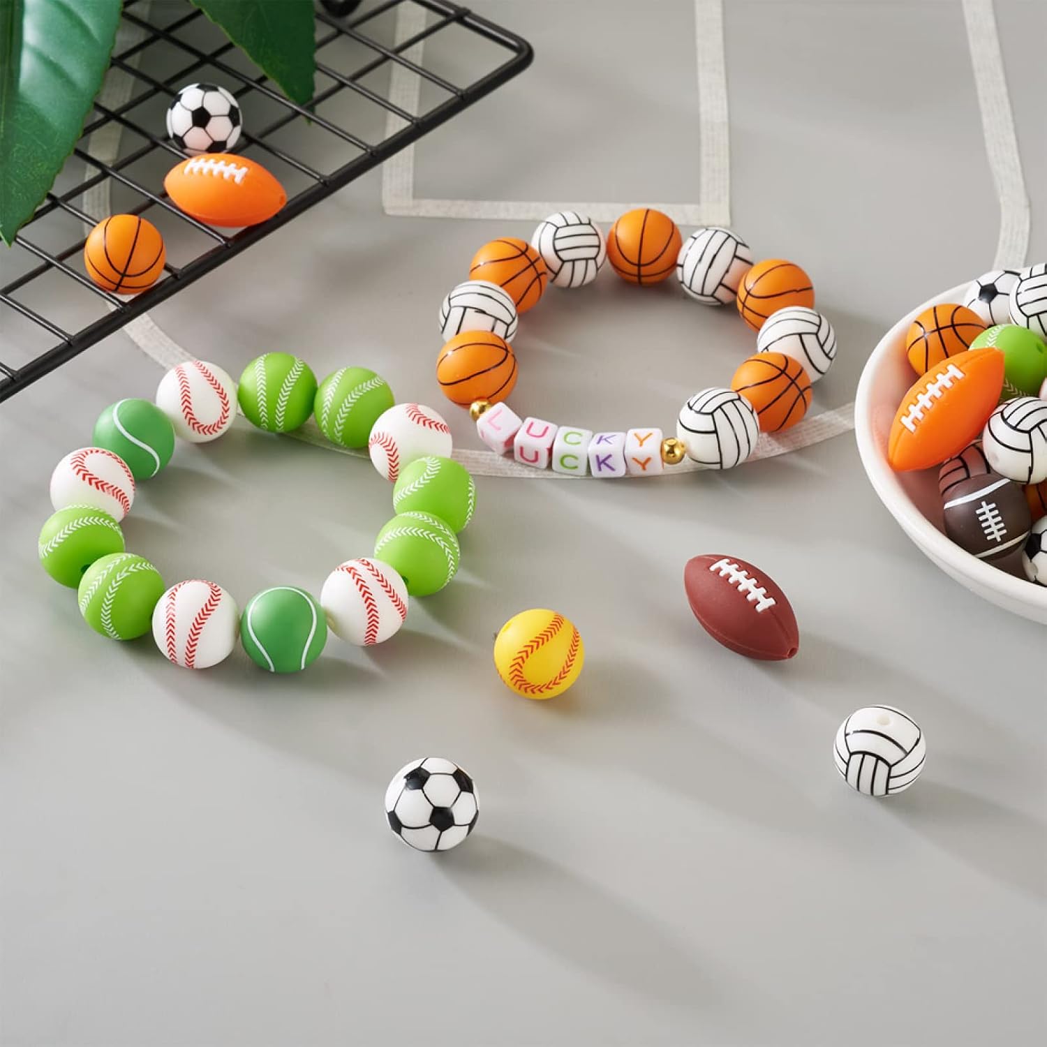 Mega Pet 54Pcs Sports Silicone Beads Basketball Football Tennis Rugby Silicone Beads Silione Sports Ball Spacer Beads for DIY Bracelet Key Chains Jewelry Making
