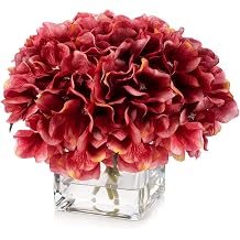 ENOVA FLORAL Hydrangea Artificial Flowers with Vase for Home Decor Indoor, Silk Hydrangea Fake Flowers in Vase with Faux Water for Dining Table, Wedding Event Fuchsia