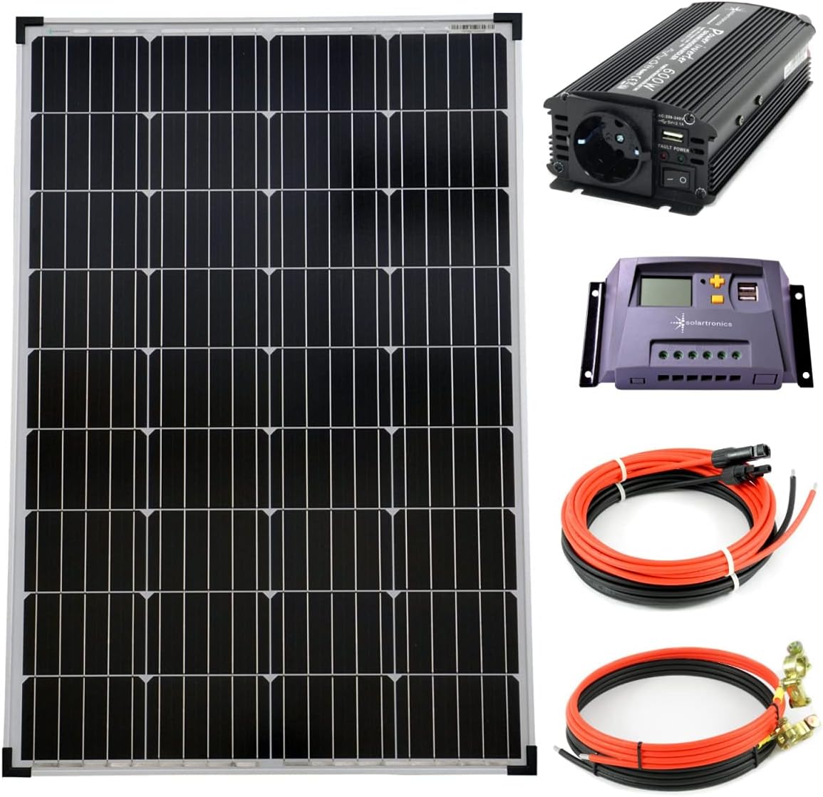 solartronics Komplettset 1x100Watt 12Volt 1000mm Spannungswandler 600W 10A Laderegler gelb Inselanlage