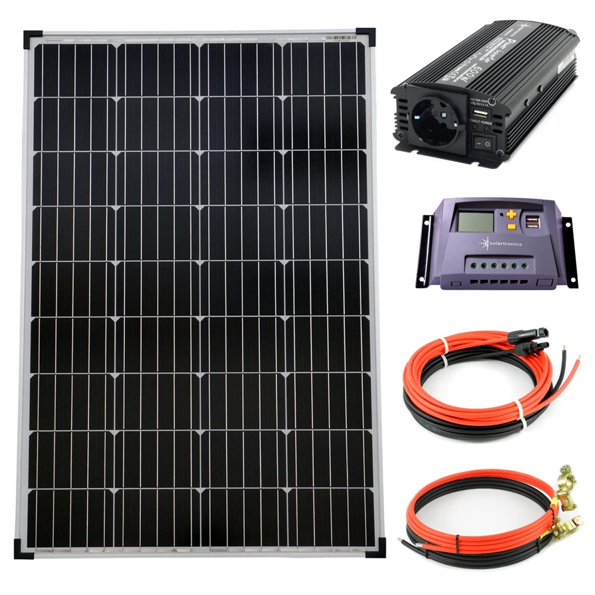 solartronics Kompletny zestaw 1 x 100 W, 12 V, 1000 mm, przetwornica napięcia, 600 W, 10 A, regulator ładowania, żółta instalacja wyspowa
