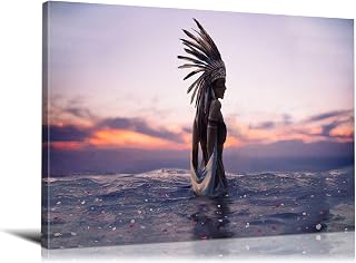 YOUHONG Native American Indian Canvas Wall Art Indian with Ocean Posters Wall Decor American Indian Painting Artwork Ready to Hang for Living Room Bedroom Decor (24''Hx36''W)