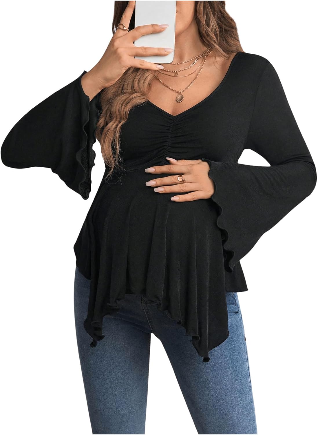 Women's Maternity Shirts Bell Long Sleeve Pregnancy Tops Ruched V Neck Asymmetrical T-Shirt
