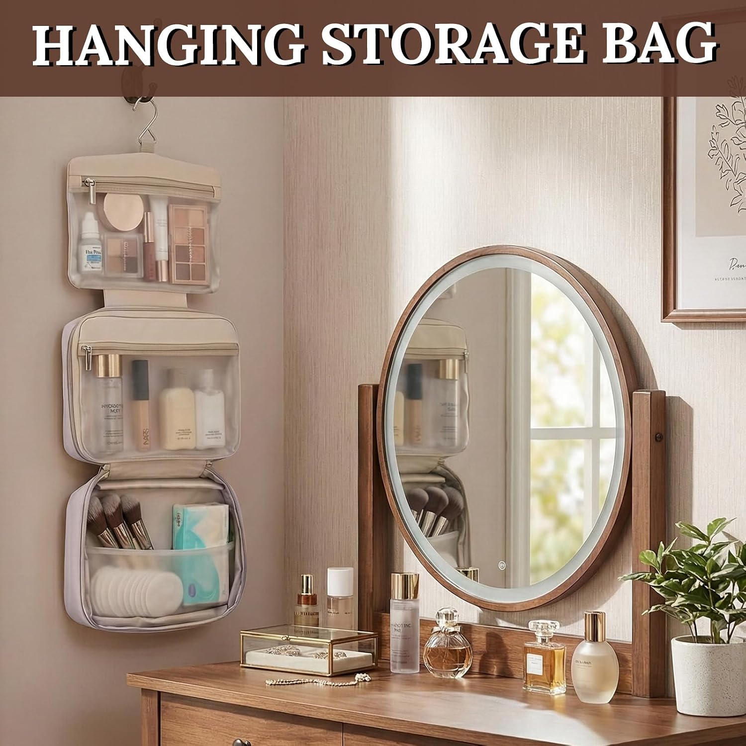 Makeup Bag Organizer, Large Hanging Toiletry Bag for Women with Leakproof Compartments, Travel Cosmetic Case for Full Sized Toiletries & Brushes Travel Cosmetic Bag Cruise Essentials - Pink