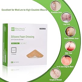 NeuHeils Silicone Adhesive Foam Dressing with Gentle Border 4\'\'x4\'\' for Bed Sore Leg Ulcer 10 Pack, High Absorbency Waterproof Silicone Wound Bandage