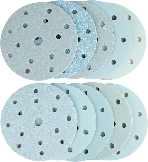 FASTPLUS 100Pcs Sanding Discs, 6 Inch 17 Holes Sanding Discs Hook and Loop Sanding Pads 40 60 80 100 120 180 240 320 400 800 Assorted Grits for Random Orbital Sander