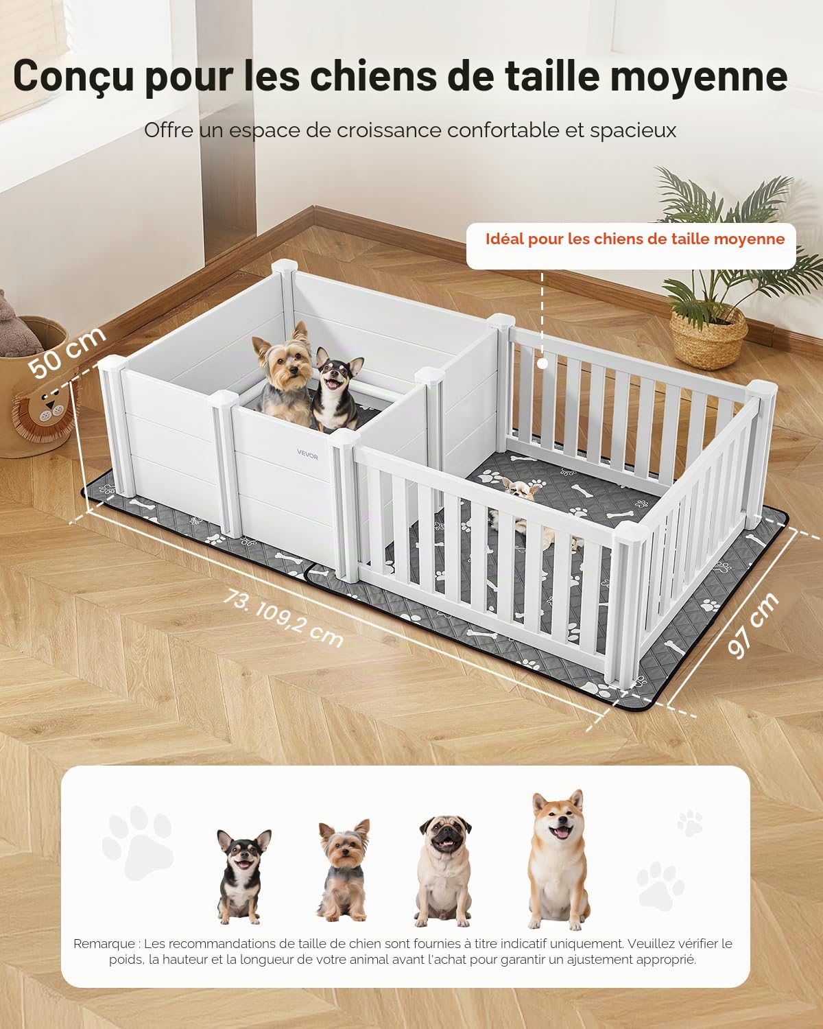 VEVOR Parc de Mise Bas pour Chien, 186,5x97x50 cm, Caisse de Mise Bas pour Chiots, avec Porte Hauteur Réglable, Tapis d'Urine Lavable, Boite de Naissance Plastique PVC pour Chiens de Taille Moyenne