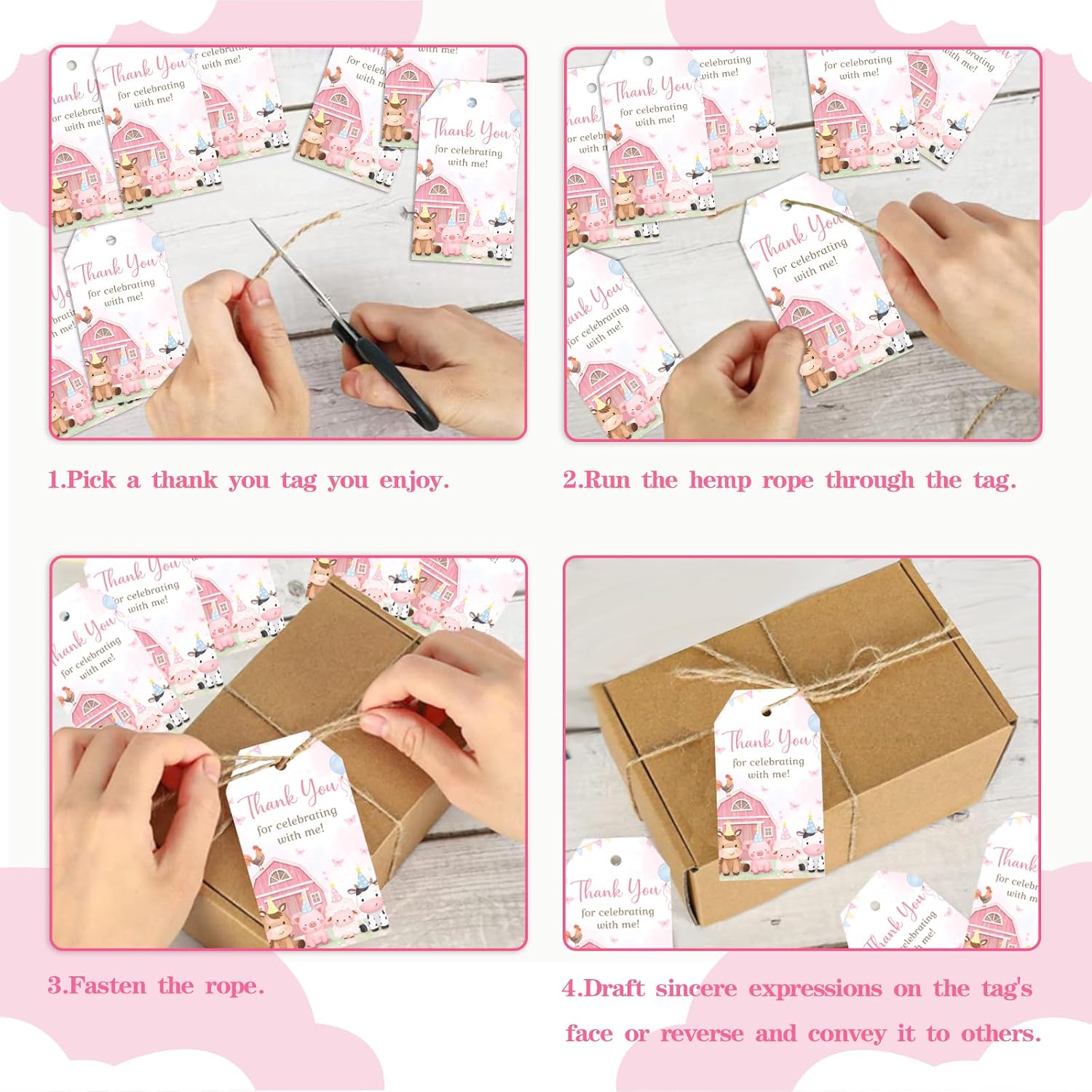 50PCS Farm Thank You Tags Pink Farm Animal Birthday Decorations for Girls, Thank You for Celebrating with Us Tag Pink Barnyard Gift Tags for Girls Farm Baby Shower Birthday Party Favors Supplies image 5