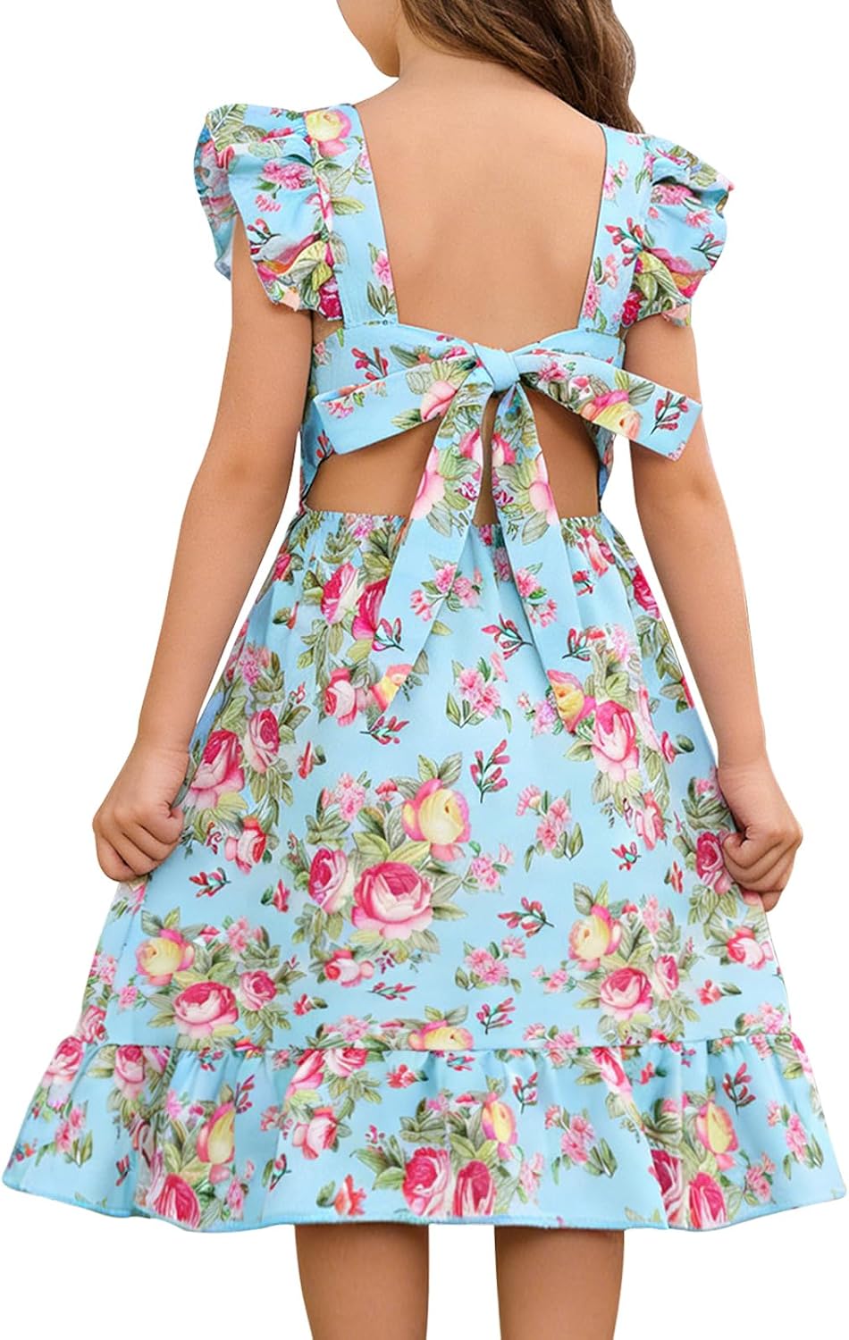 Girls Dresses Summer Flower Dress for Kids Ruffle Sleeve Tie Back Backless Floral Casual Sundress