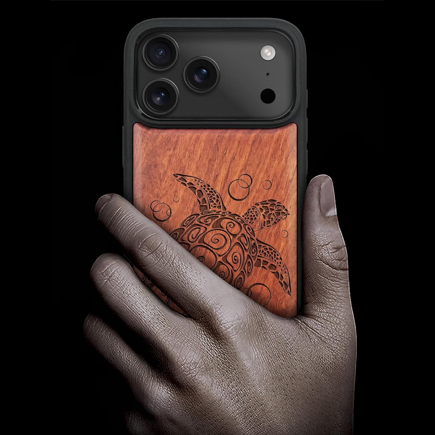 Carveit Magnetic Wooden Case for iPhone 17 Pro Case, Wood Artisan Engraved & Black Soft TPU Shockproof Cover, Compatible with MagSafe Wireless Chargers (The Maori Turtle) Rosy