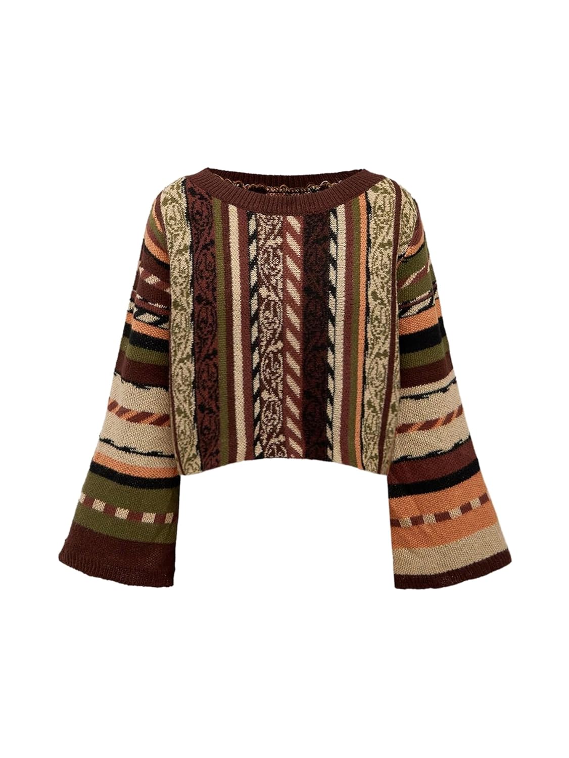 SOLY HUX Womens Plus Size Boho Striped Sweater Bell Long Sleeve Crew Neck Pullover Jumper Tops