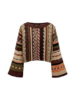 SOLY HUX Womens Plus Size Boho Striped Sweater Bell Long Sleeve Crew Neck Pullover Jumper Tops