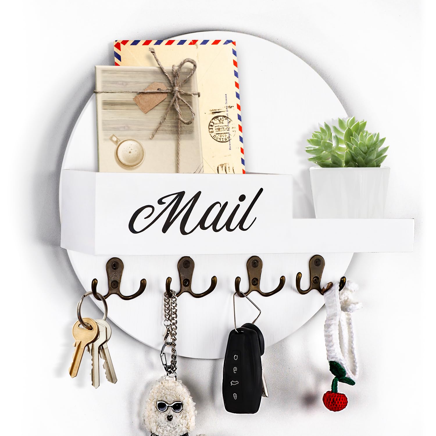 Key and Mail Holder for Wall, Decorative Key Holder with Shelf, Mail Organizer with 8 Hooks for Entryway Hallway Farmhouse Circular Rustic Decor Wall Mount&Self-Adhesive (Style 1)