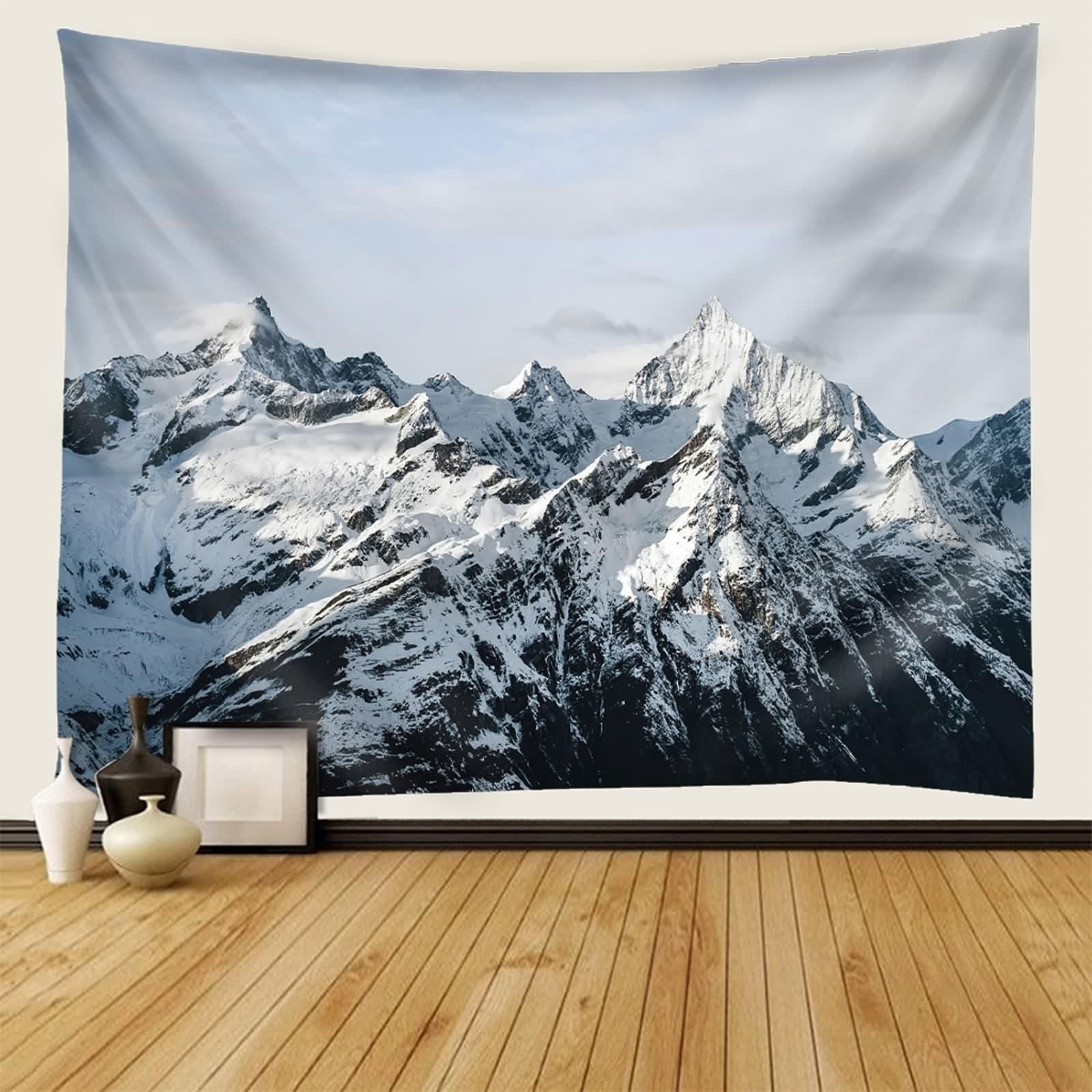 Wandteppich XXL Landschaft, Wall Tapestry Vintage Schneeberg Weiß Schwarz Polyester Deko 300x256cm
